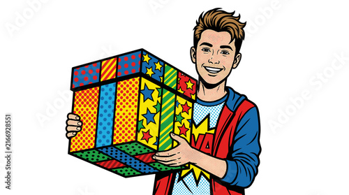 Happy Boy Holding a Colorful Gift Box in Comic Book Style