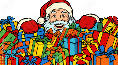 Santa Claus Peeking Over a Large Pile of Colorful Christmas Presents