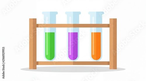 Science chemistry test tubes rack with colorful liquids, laboratory experiment research flat vector graphic illustration on clean white background with glossy glass highlights