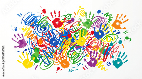 Colorful messy handprints and paint splatters made by children on white background
