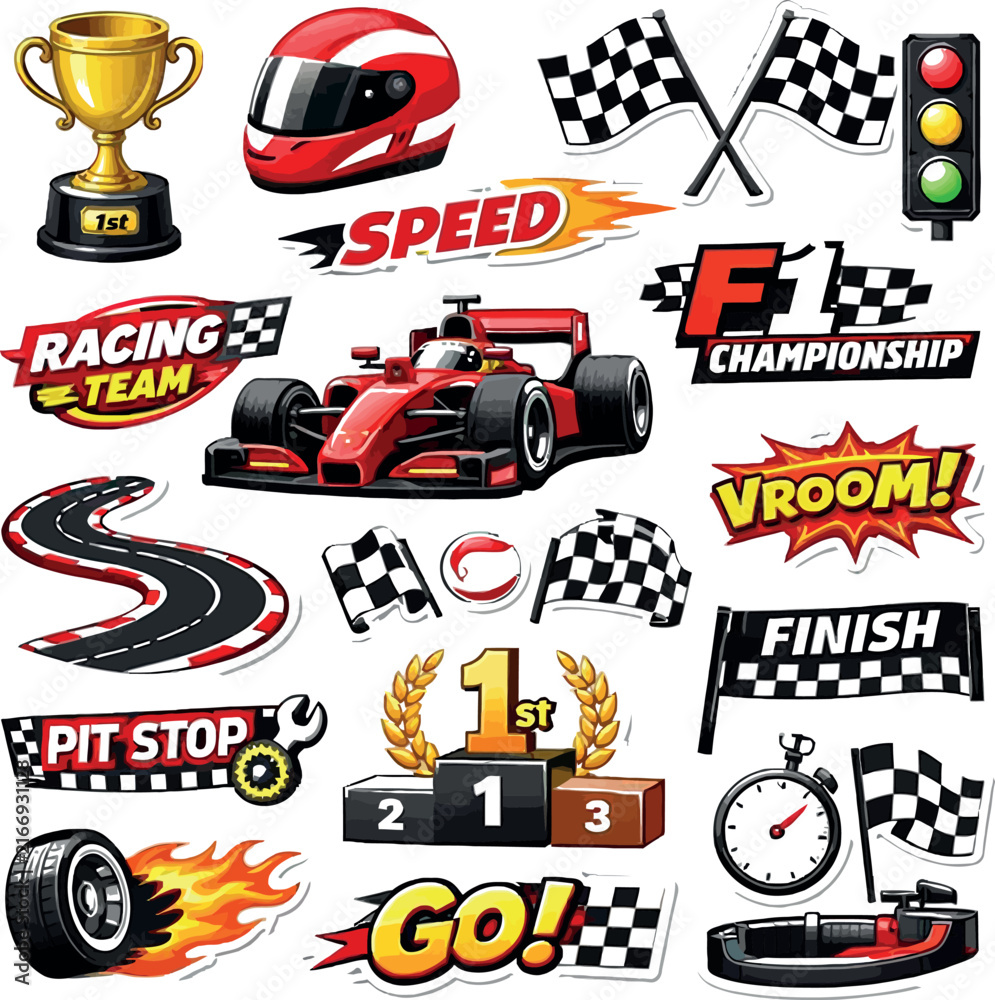 Fototapeta premium Racing team red speed championship pit stop trophy with finish flag and track.