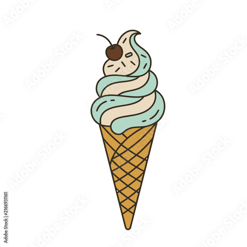 Soft serve ice cream cone with cherry and sprinkles