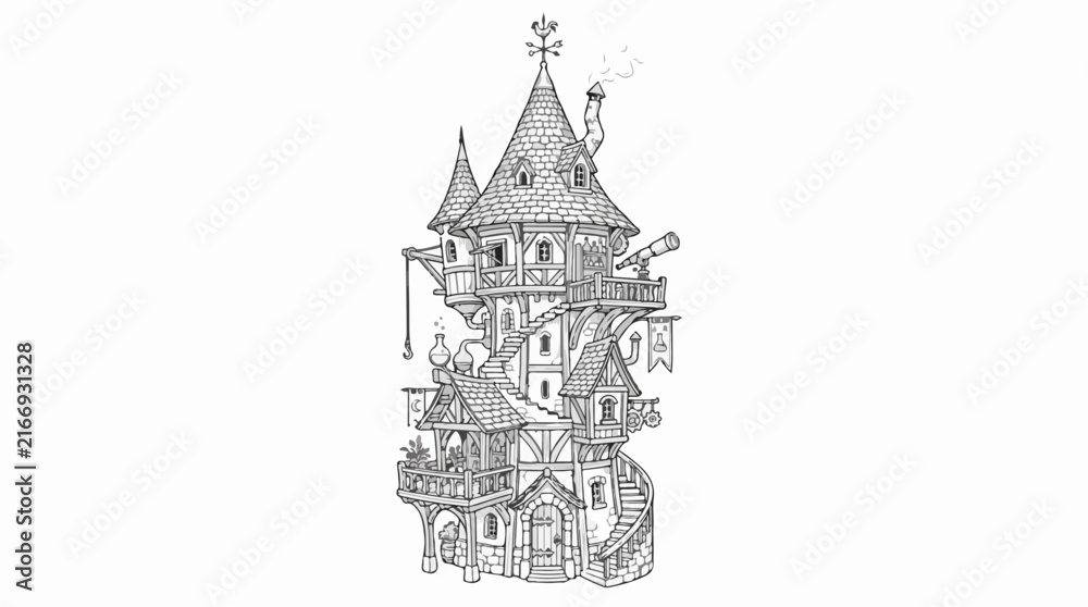 Naklejka premium Whimsical wizard tower fantasy house line art illustration for coloring