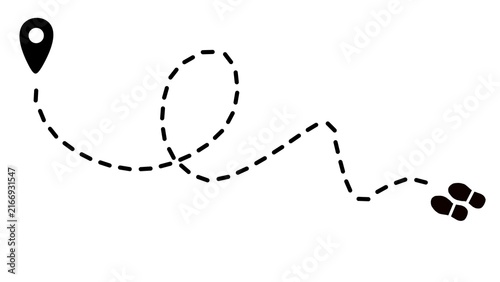 Fotografía Human footprints on a dashed line path to a final waypoint pin