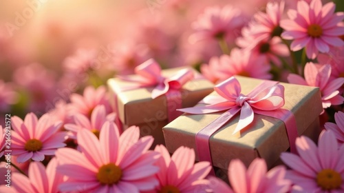 A Delicate Arrangement of Wrapped Gifts Adorned with Pink Ribbons Nestled Among a Field of Soft Pink Daisies Basking in the Warm Glow of Sunlight
