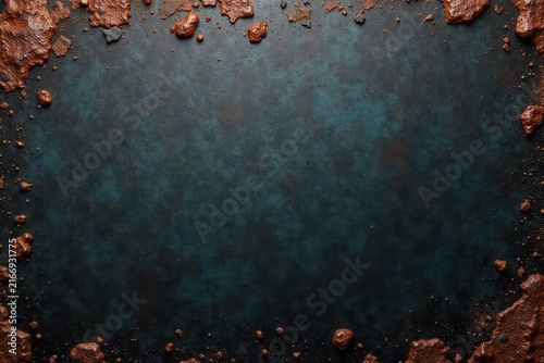 Dark teal textured background framed by irregular orange-brown rocky elements