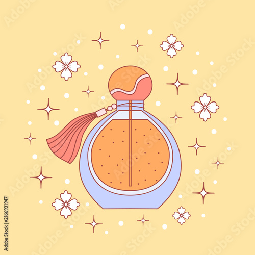 Cute Perfume Bottle with Sakura Flowers and Sparkles, Pastel Flat Vector Illustration