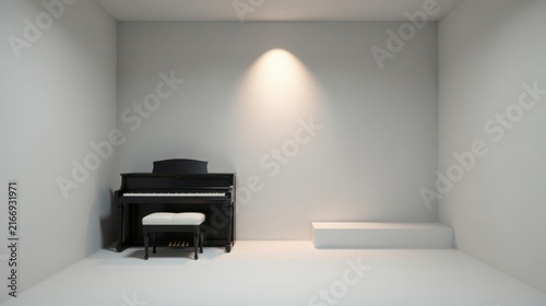 A solitary piano in a minimalist room, illuminated by a single overhead light, presents a serene and contemplative atmosphere.