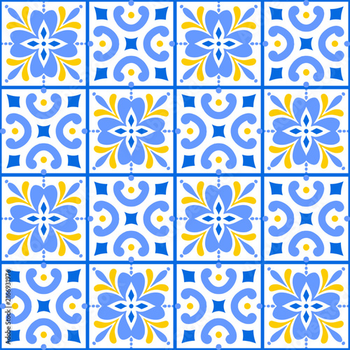 Seamless blue and yellow Mediterranean tile pattern with geometric elements
