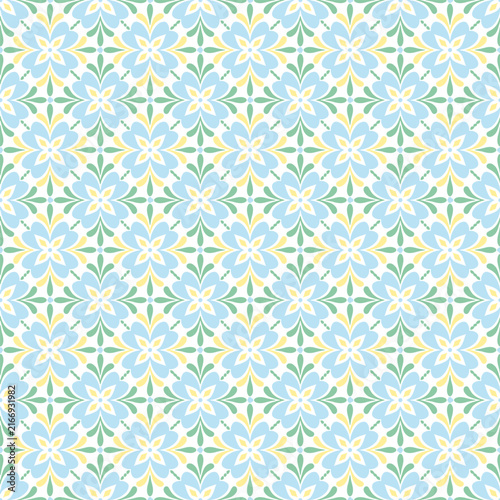 Seamless floral tile pattern in gentle blue green yellow pastel colors