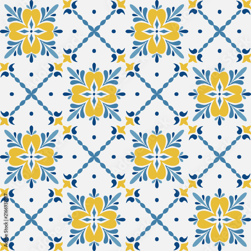 Seamless floral tile pattern with blue and yellow Mediterranean ornament