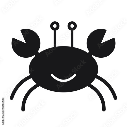 Cute black crab icon with claws and smiling mouth isolated on white background