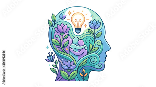 Mental Well-Being Floral Head Vector Illustration