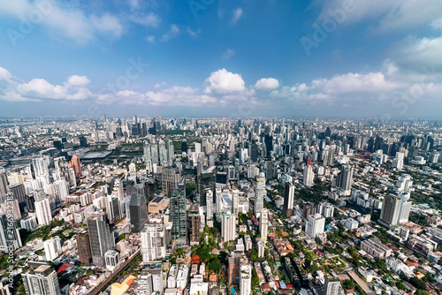 Photography Aerial view of Bangkok city skyline with skyscrapers and beautiful vista on a cl
