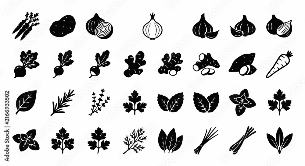 Obraz premium Black and White Flat Pictogram Root Vegetable and Culinary Herb Icon Set Vector for Kitchen Cooking