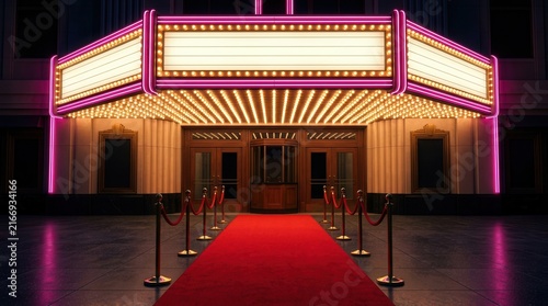 An unforgettable cinematic experience awaits at this glamorous theatre entrance with red carpet.