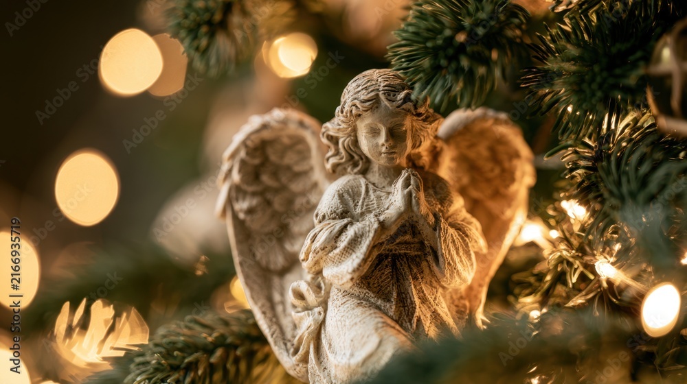 Fototapeta premium Close up of carved angel ornament with hands praying hanging on decorated evergreen branch with warm glowing string light and bokeh background