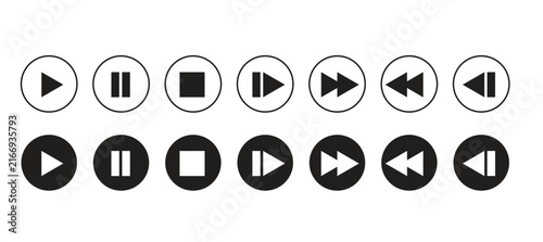 Media Player Control Icons Vector Set Including Play Pause Stop Fast Forward and Rewind Buttons