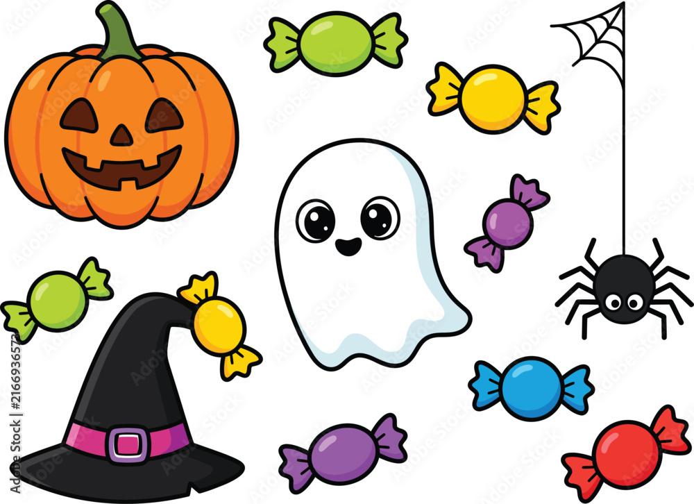 Fototapeta premium Cute halloween themed stickers with pumpkin ghost and candy