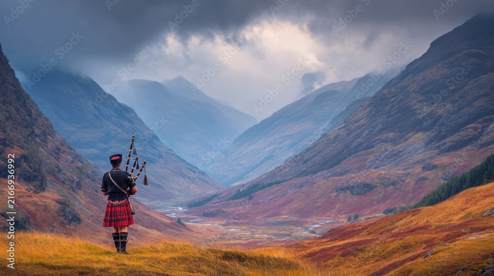 Obraz premium Scottish bagpiper in traditional tartan kilt overlooking dramatic highland valley landscape