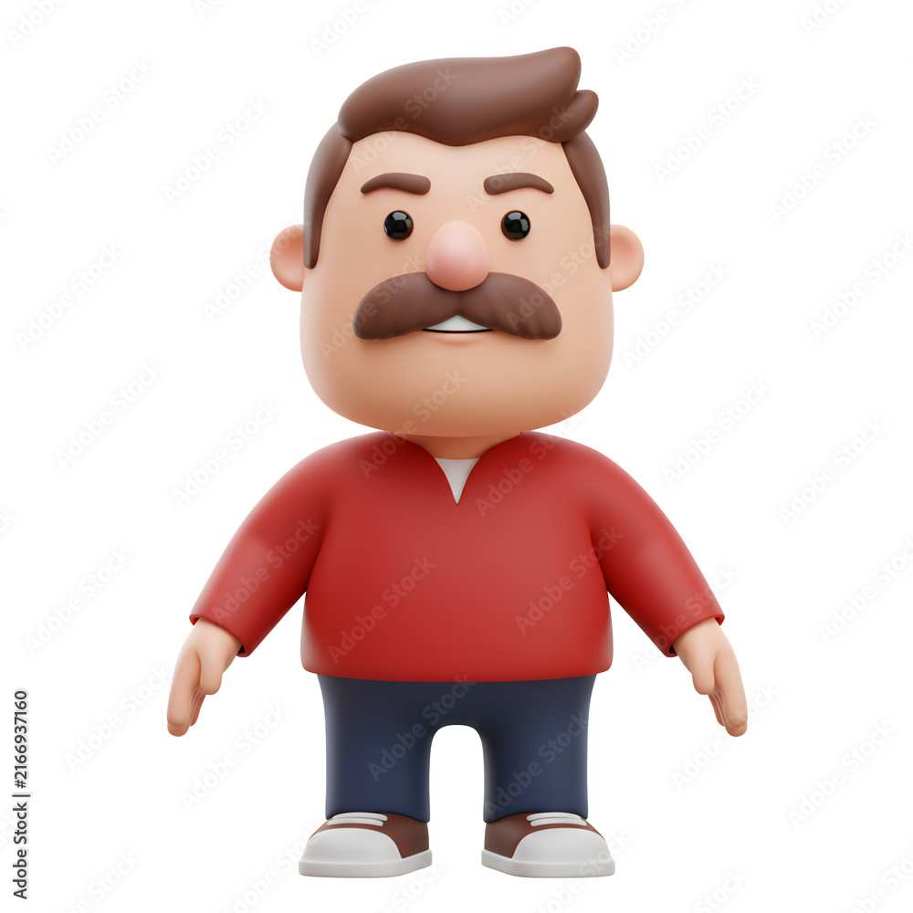 Fototapeta premium Cartoon Man Illustration 3D Render of Serious Male Character in Red Shirt and Blue Pants on Transparent Background