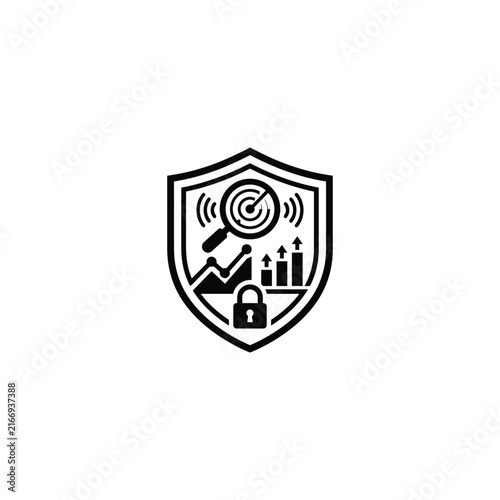 Shield icon with magnifying glass and security elements