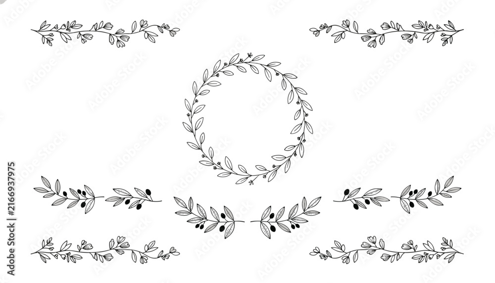 Fototapeta premium Collection of hand drawn delicate floral wreaths and decorative dividers in sketchy black and white line art.