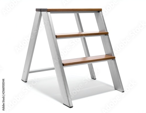 Three-step ladder with aluminum frame and wood.