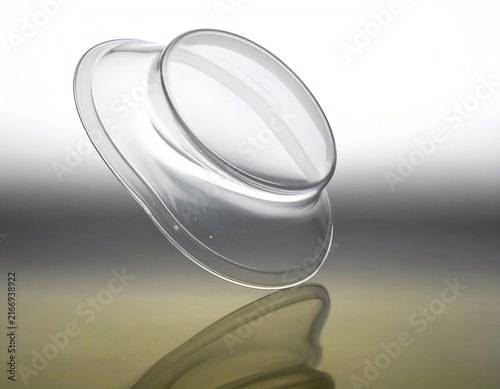 Transparent plastic lid floating above grey surface.