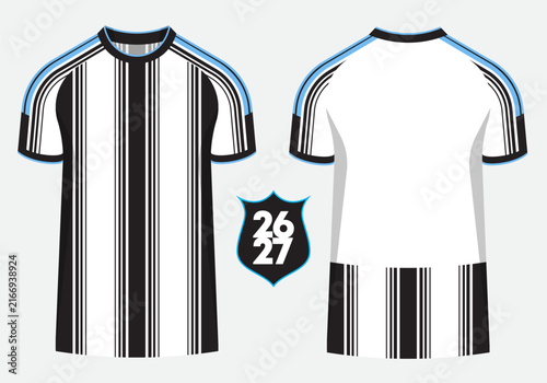 Black and white striped and round neck soccer jersey mockup for English football club with 2026/2027 season badge. Front and back view template. Vector Illustration.