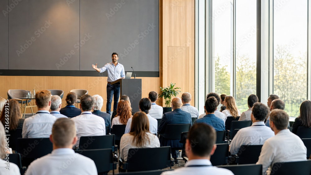 Obraz premium Business speaker addressing conference audience in auditorium