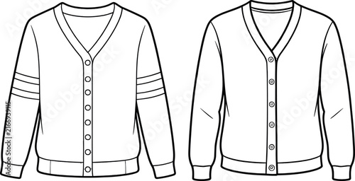 V-neck long sleeve button down cardigan sweater technical fashion flat sketch vector template set for apparel tech pack design