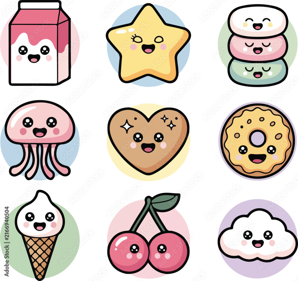Fototapeta premium Cute Kawaii Food Icons Set Featuring Milk Carton Star Cookie Donut Ice Cream Cone Jellyfish Cherry and Cloud Vectors
