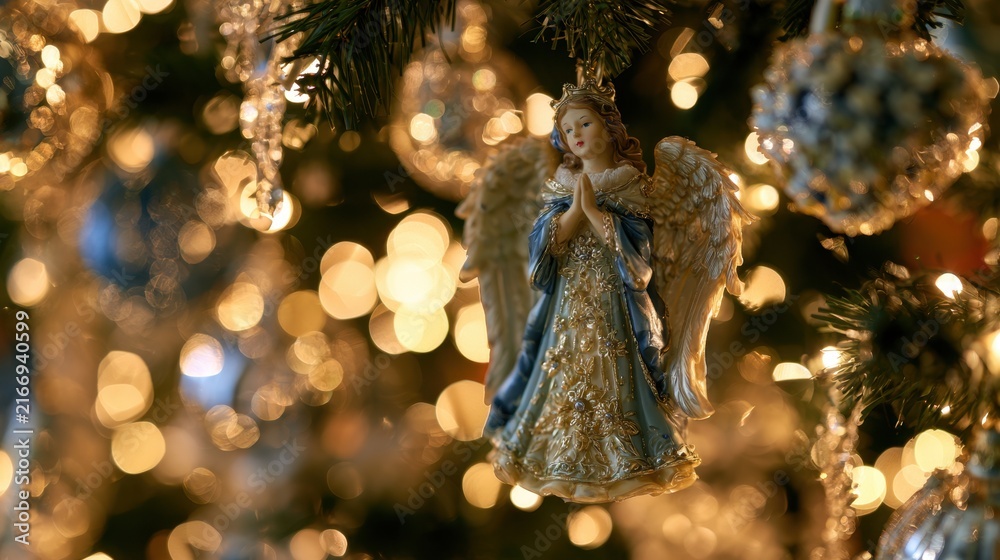Fototapeta premium Detailed angel figurine decoration with golden and blue colors hanging on illuminated holiday tree with blurred background lights for festive celebration and Christmas