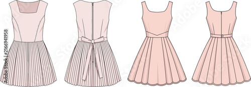 Women sleeveless scoop neck and cap sleeve flared skater dress technical fashion flat sketch vector template set showing front and back views