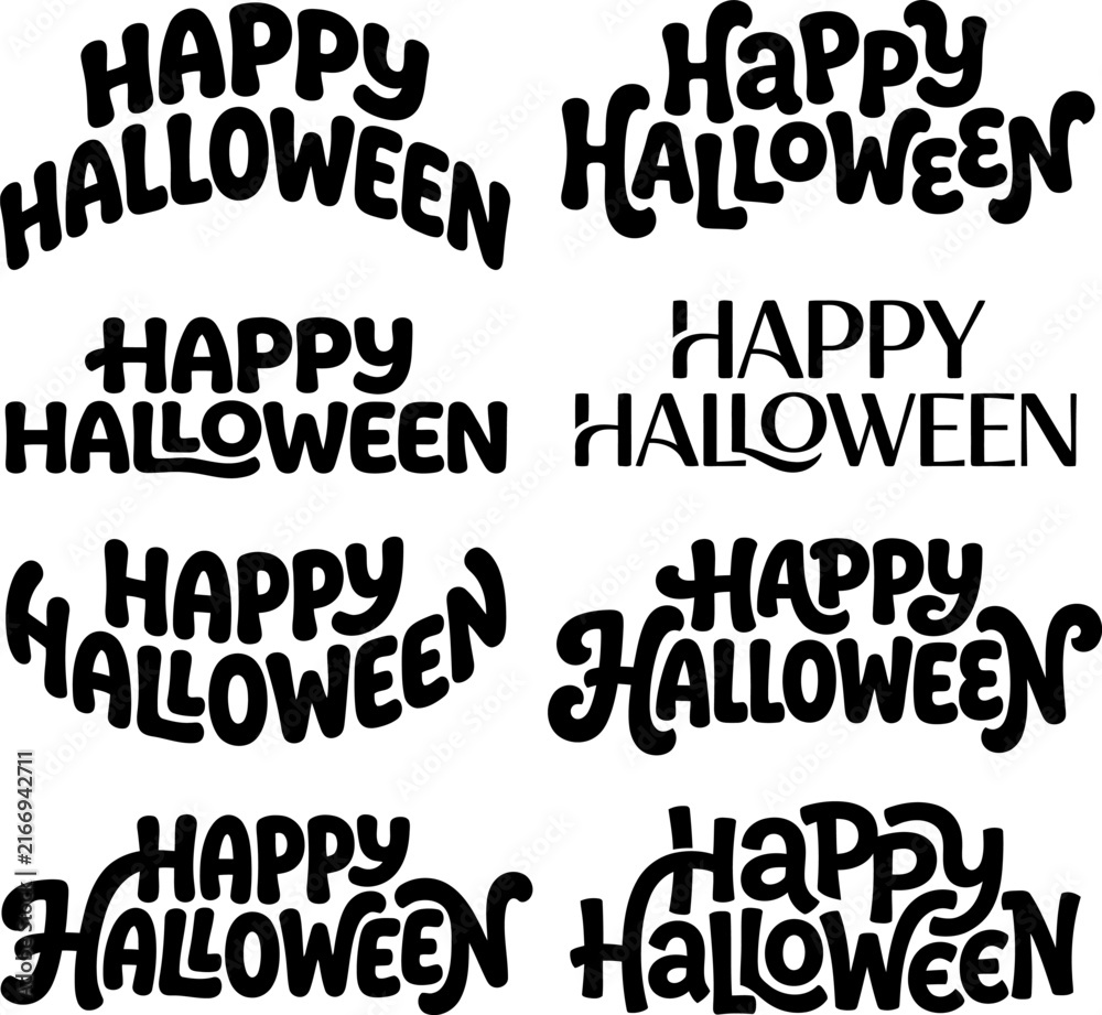 Obraz premium Happy Halloween text designs in various playful fonts on white background for seasonal celebration announcement