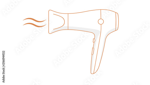 Clean outline vector illustration of a modern white hair dryer with air blowing isolated on white.
