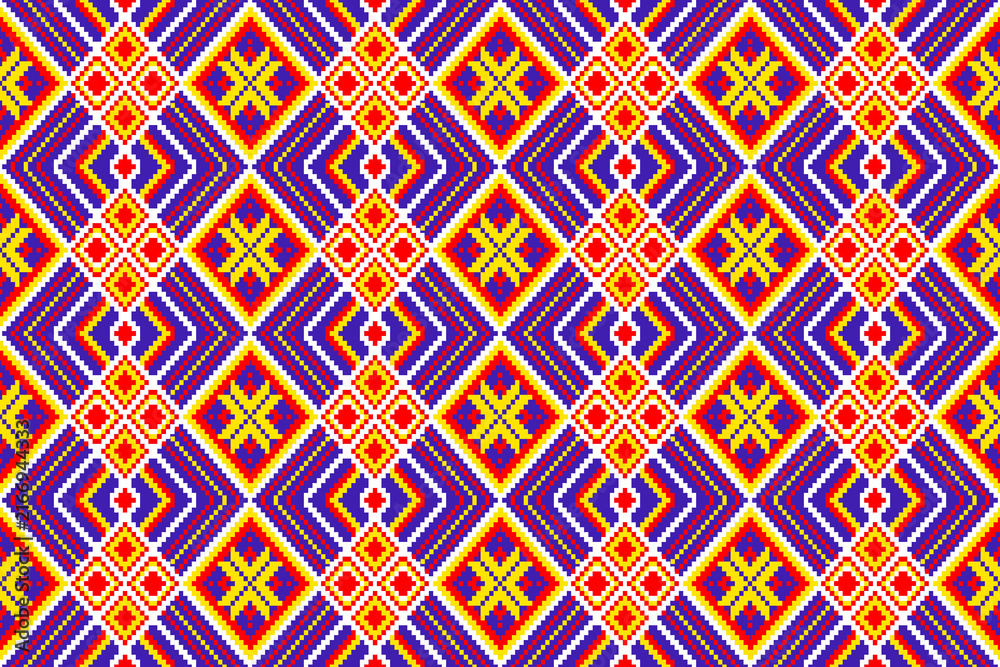 seamless geometric pattern
A seamless, traditional tribal-style border pattern featuring geometric diamond shapes and pixelated floral motifs in red, white, and yellow against a blue background