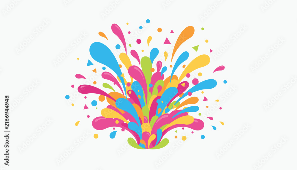 Obraz premium Vibrant and colorful abstract water splash or fountain graphic with confetti particles over a clean white background.