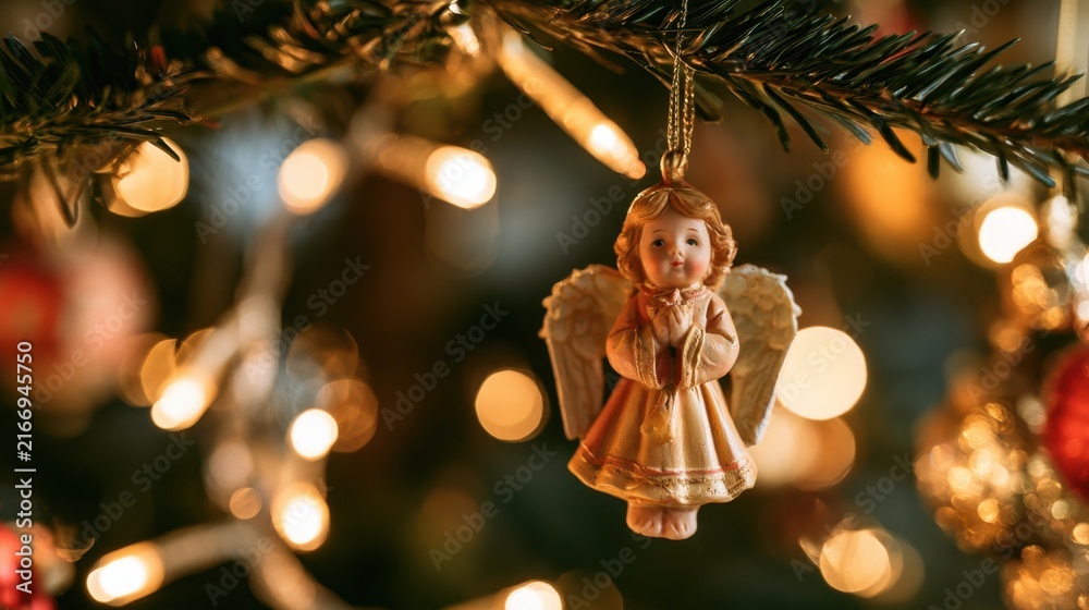 Fototapeta premium Decorative angel ornament hanging from green pine branch with glowing warm light bokeh background for holiday celebration and festive interior decoration concept