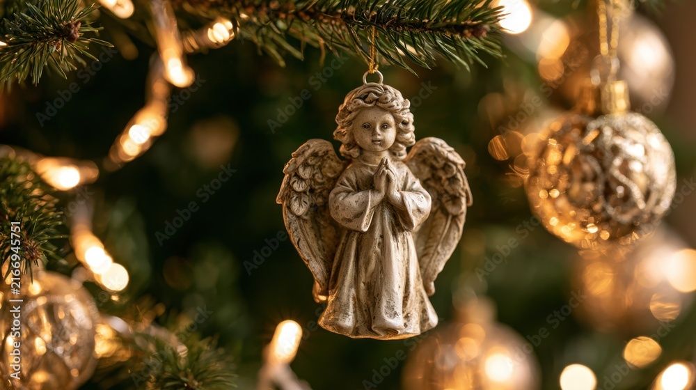 Fototapeta premium Close-up of decorative angel ornament with folded hands hanging on green pine tree branch with blurred golden bauble and warm glowing string light for festive holiday