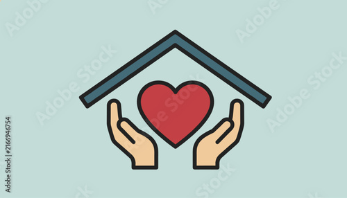 Flat design icon of two hands holding a red heart under a protective house roof representing family care and home.