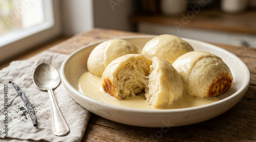 Fluffy Homemade Steamed Dumplings in Creamy Custard Sauce with Vanilla Bean on Rustic Wooden Table