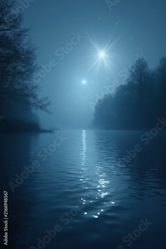 Misty night sky reflects on calm water, with two bright celestial lights shining above trees, creating a tranquil and ethereal landscape scene.