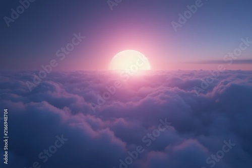 Sunset glow spreads across dense fluffy clouds, blending warm pink, purple, and golden tones with radiant light, creating a serene ethereal high‑altitude sky scene.