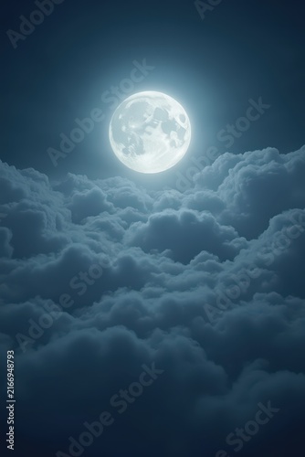 Bright full moon illuminates thick soft clouds, casting gentle light across the night sky, creating a serene atmospheric scene with striking contrast and tranquility.