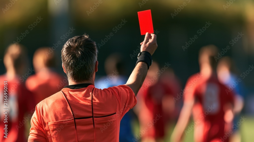 Fototapeta premium Soccer referee showing red card to player during outdoor match in bright daylight on grassy field with blurred team in background