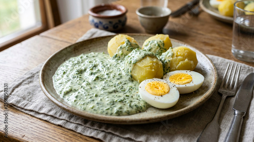 A wholesome and comforting meal featuring tender boiled potatoes served with a rich, creamy green herb sauce and perfectly cooked hard-boiled eggs, presented on a rustic plate on a wooden table