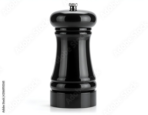 Classic black wooden pepper mill on white background.