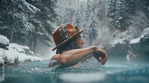 Man enjoying a warm swim in a hot spring surrounded by snow-covered trees on a cold winter day